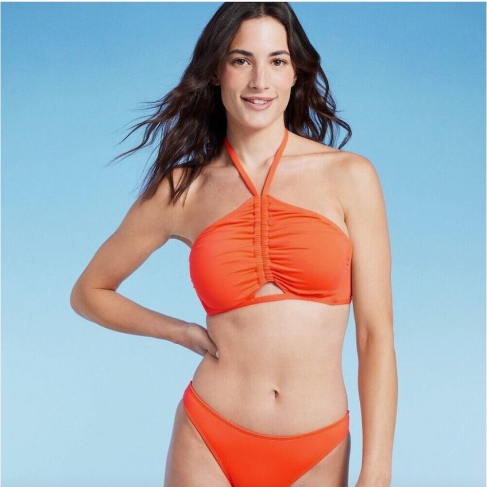 SHADE & SHORE BIKINI TOP HALTER NECK CUT OUT TIE SWIM SUIT ORANGE WOMEN'S NWT